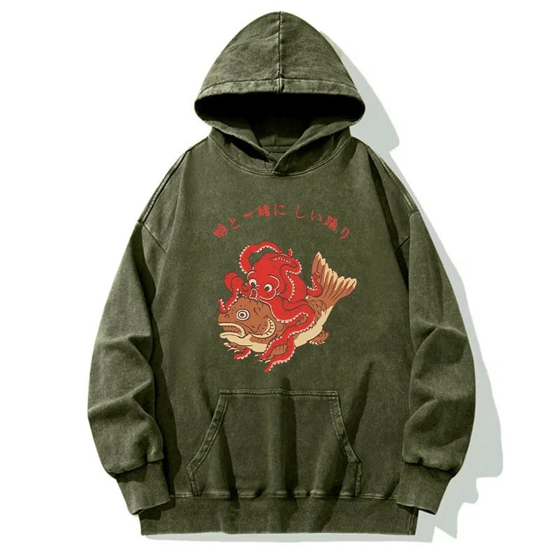Octopus And Koi Dance Together Washed Hoodie