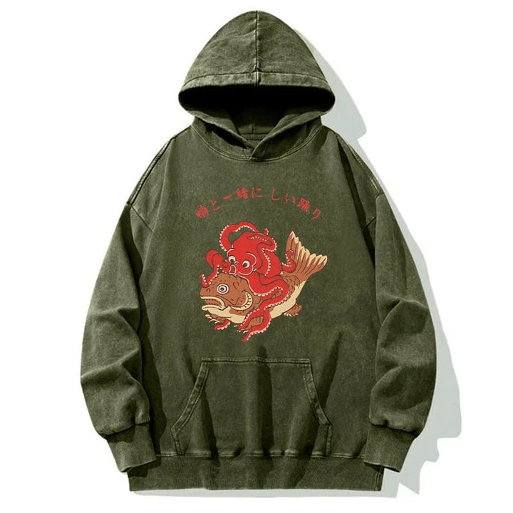 Octopus And Koi Dance Together Washed Hoodie