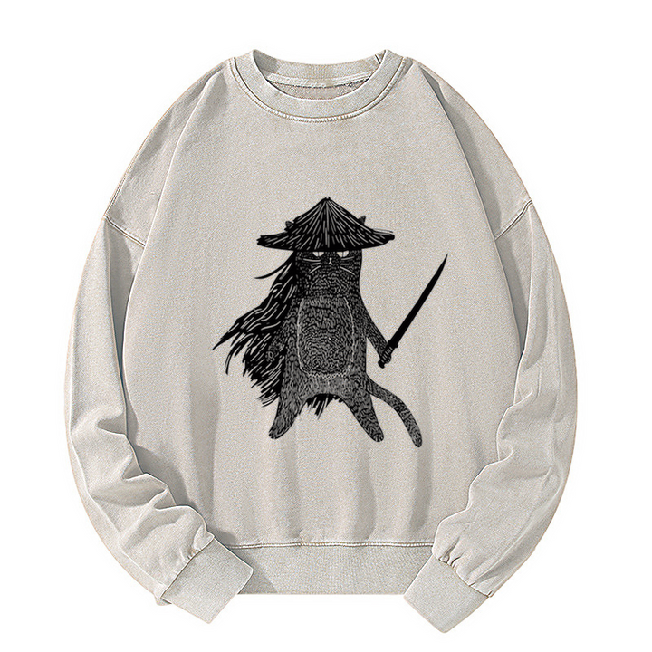 Japanese Samurai Cat Washed Sweatshirt