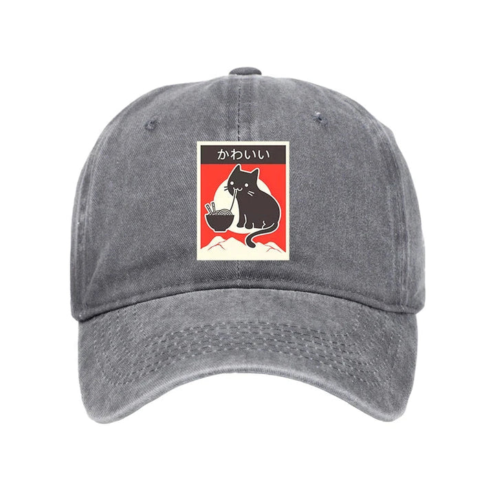"Kawaii" Vintage Style Japenese Ramen Cat Washed Cap
