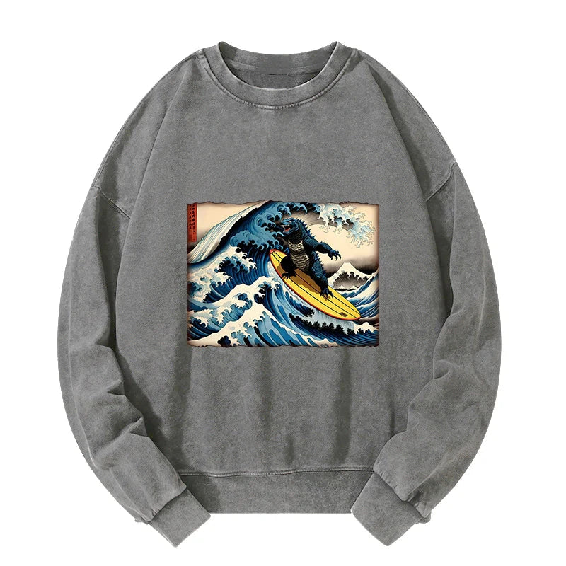 Dinosaur Surfing Japanese Washed Sweatshirt