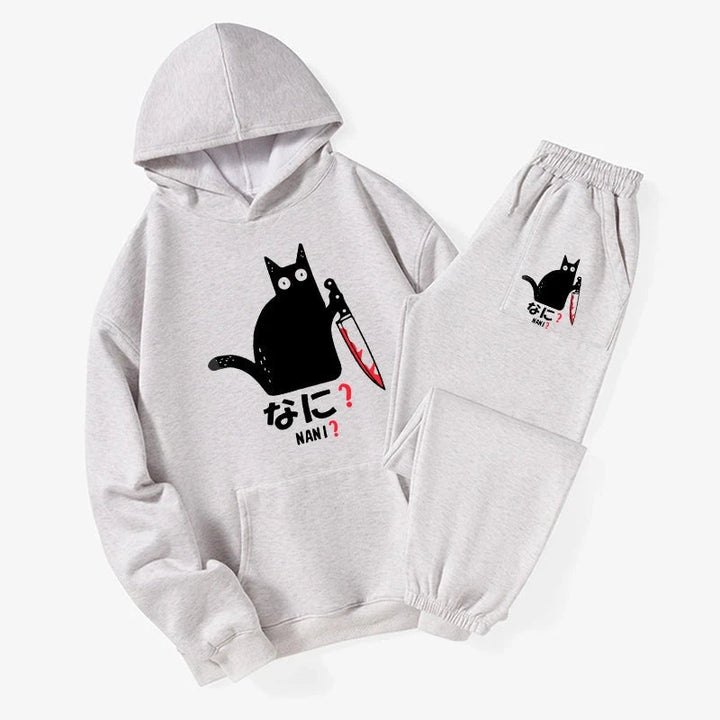 A Puzzled Cat Holding A Knife Fleece Lined Hoodie Set
