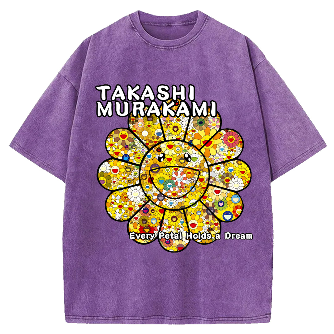 Takashi Murakami Flowers Vintage Design Washed Crew Neck T-Shirt