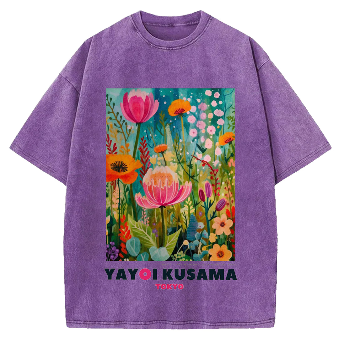 Yayoi Kusama Flower Vintage Japanese Design Washed Crew Neck T-Shirt