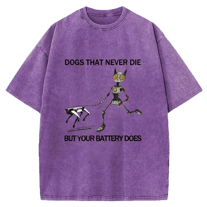Funny Robot Cat Walking Robot Dog Washed Crew Neck T-Shirt