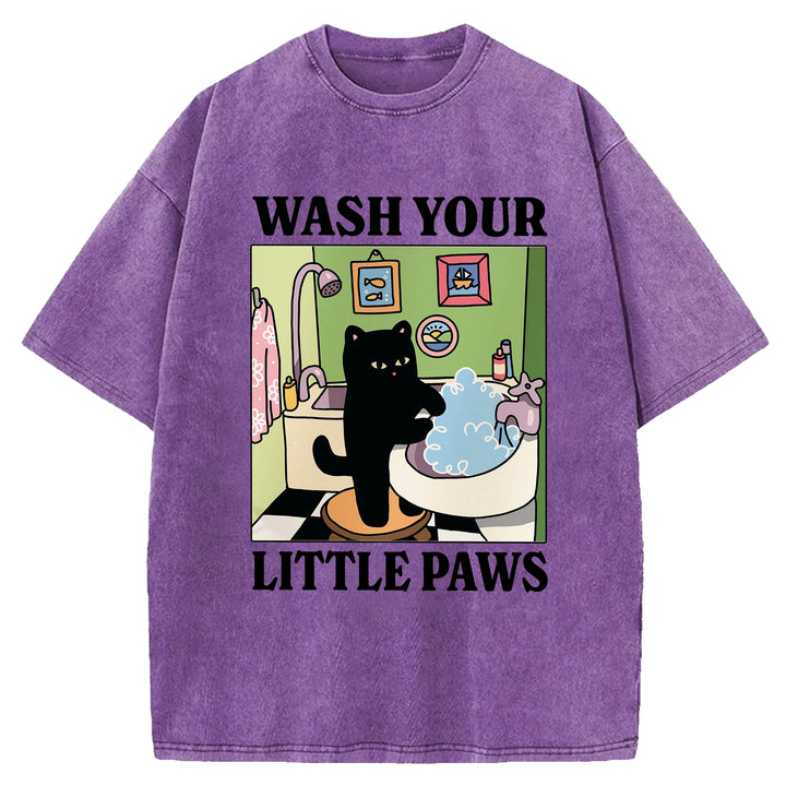 Wash Your Little Paws Vintage Design Washed Crew Neck T-Shirt