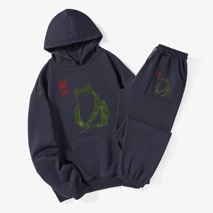 Woodblock Print Frog Fleece Lined Hoodie Set