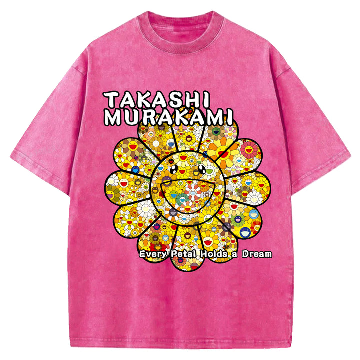 Takashi Murakami Flowers Vintage Design Washed Crew Neck T-Shirt