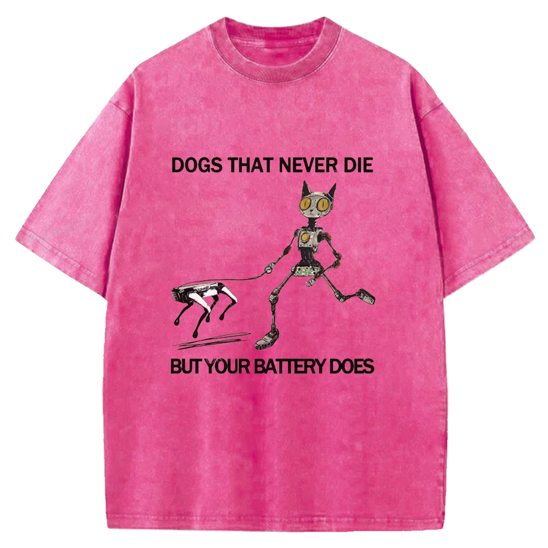 Funny Robot Cat Walking Robot Dog Washed Crew Neck T-Shirt