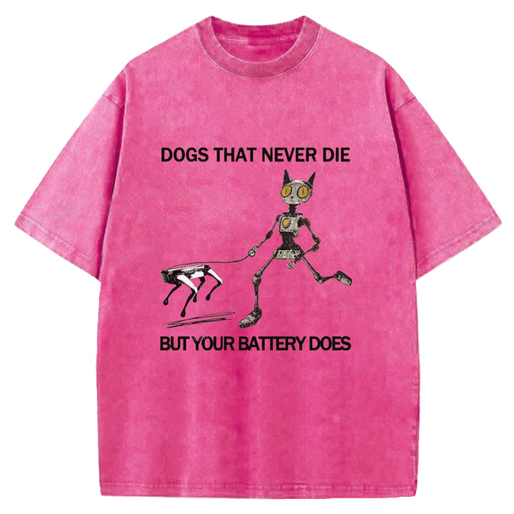 Funny Robot Cat Walking Robot Dog Washed Crew Neck T-Shirt
