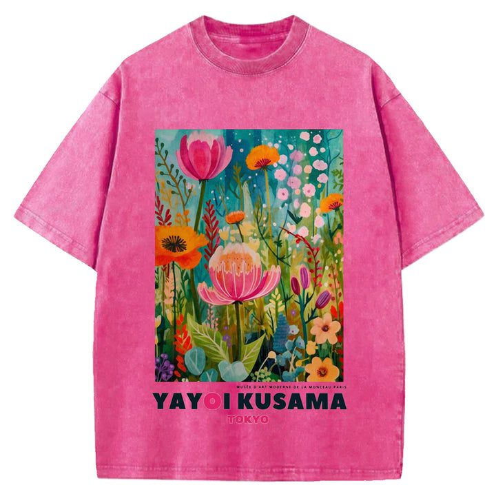 Yayoi Kusama Flower Vintage Japanese Design Washed Crew Neck T-Shirt