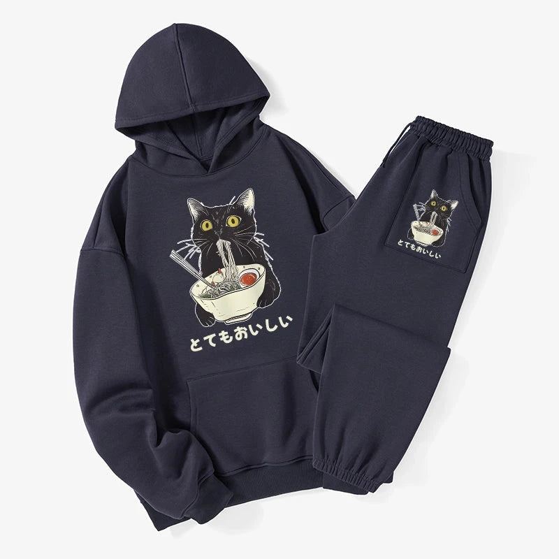 Cats Eat Ramen Noodles Fleece Lined Hoodie Set