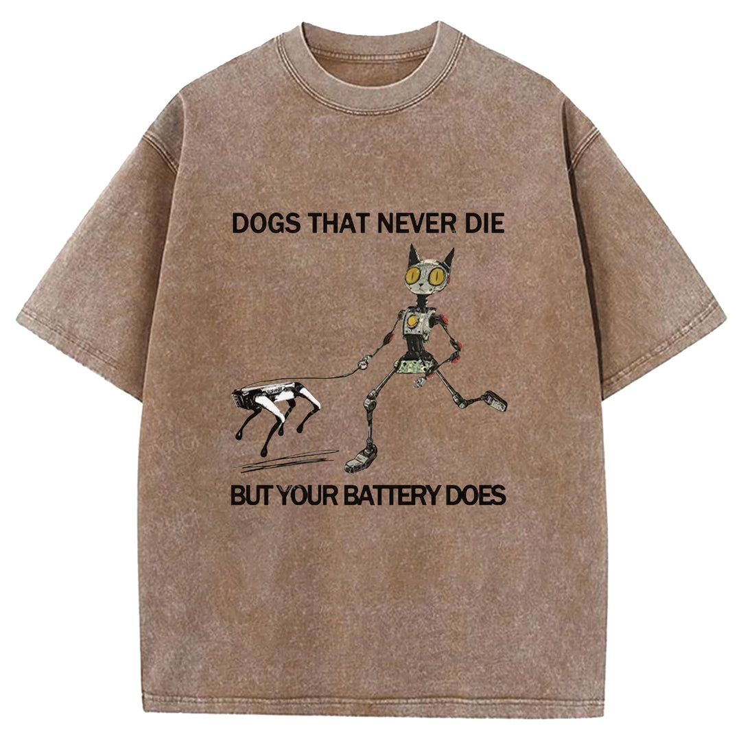 Funny Robot Cat Walking Robot Dog Washed Crew Neck T-Shirt