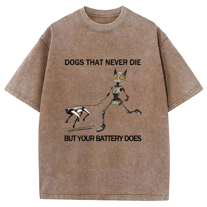 Funny Robot Cat Walking Robot Dog Washed Crew Neck T-Shirt