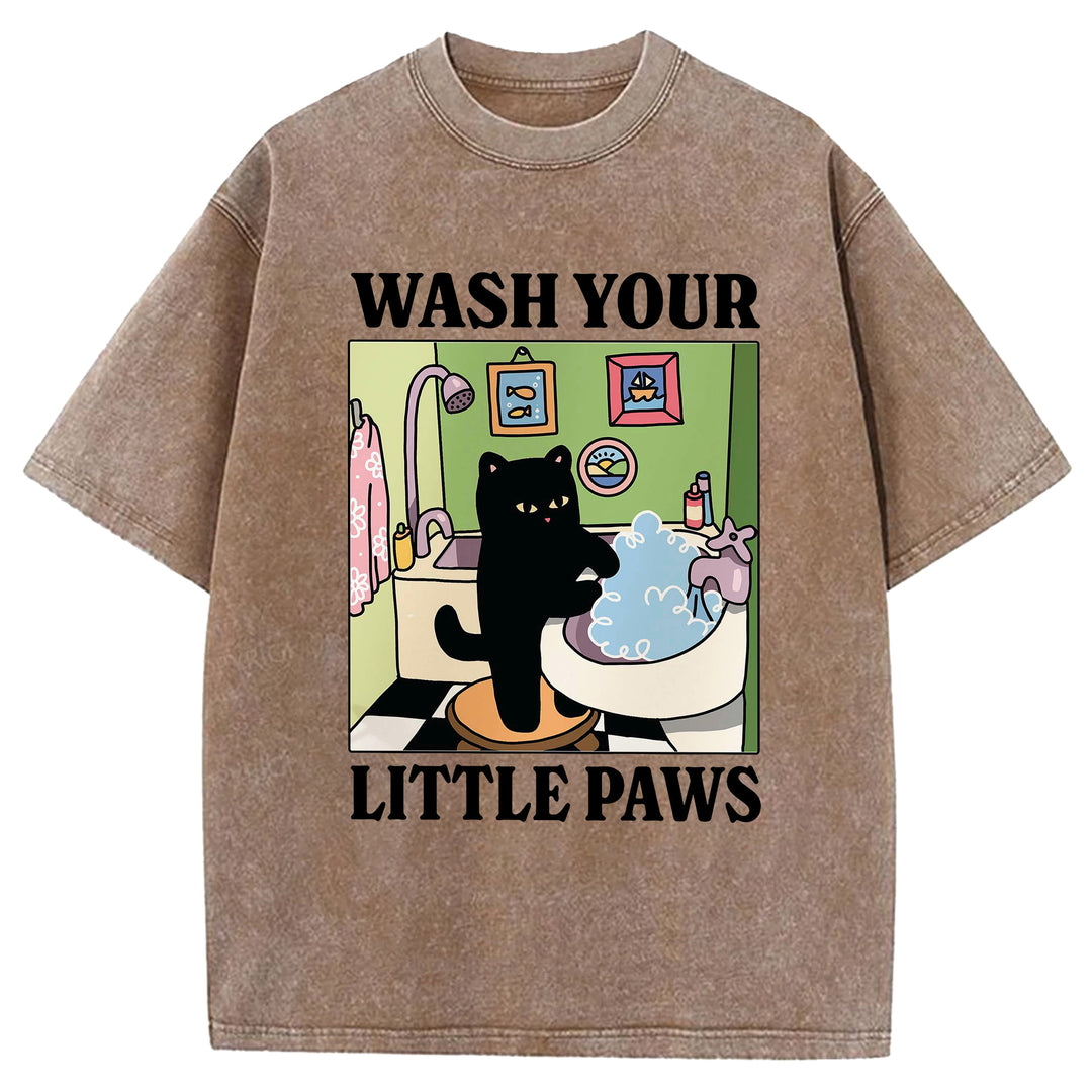 Wash Your Little Paws Vintage Design Washed Crew Neck T-Shirt