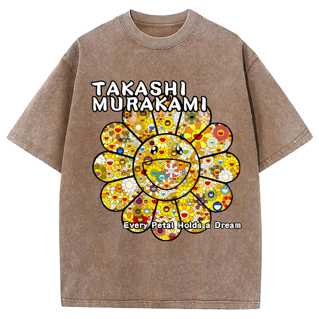 Takashi Murakami Flowers Vintage Design Washed Crew Neck T-Shirt