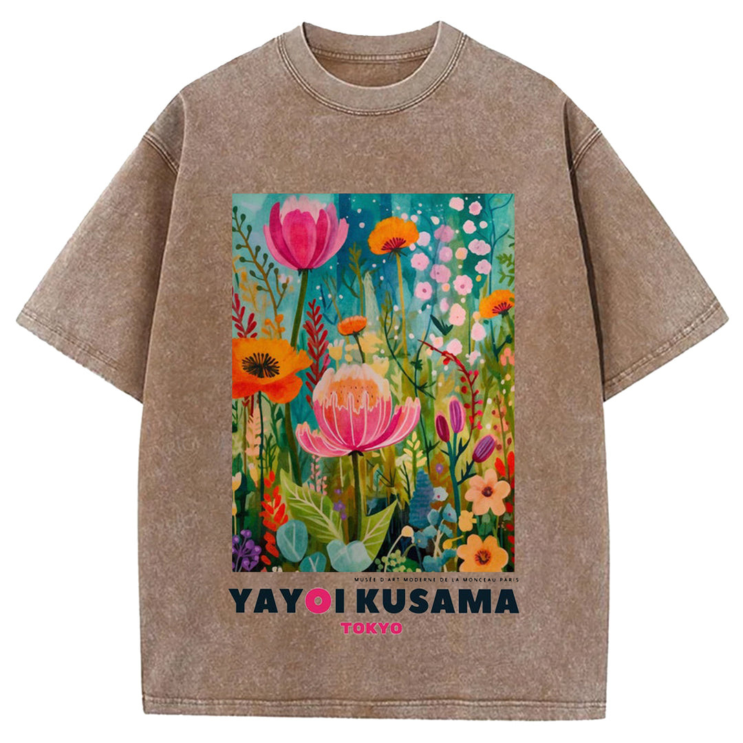 Yayoi Kusama Flower Vintage Japanese Design Washed Crew Neck T-Shirt