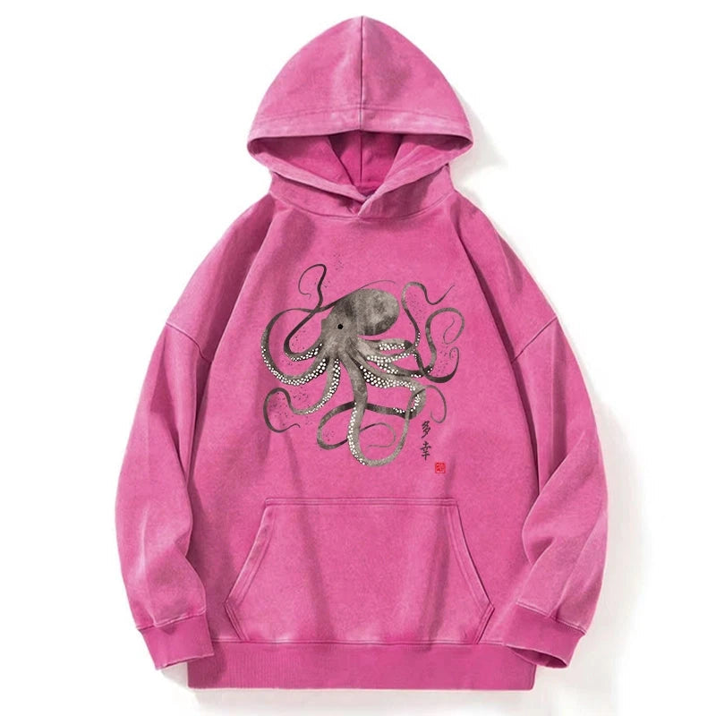 Octopus Japanese Calligraphy Washed Hoodie