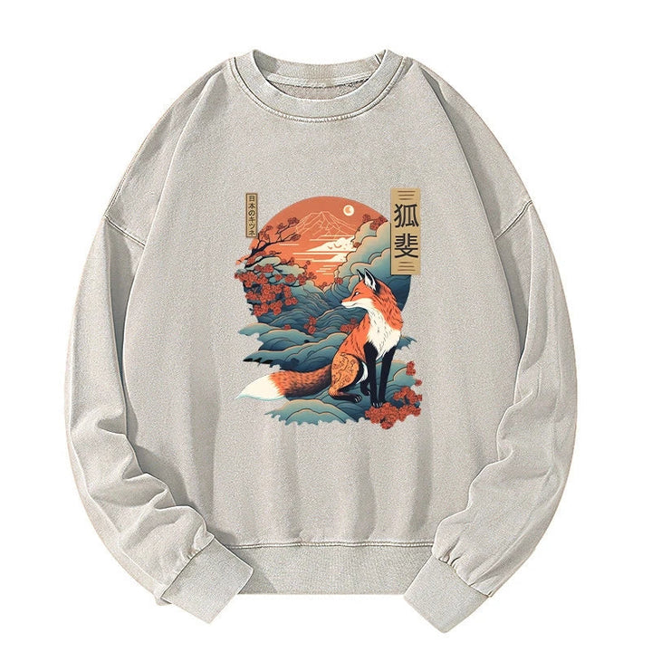 Japanese Kitsune Fox Sakura Washed Sweatshirt