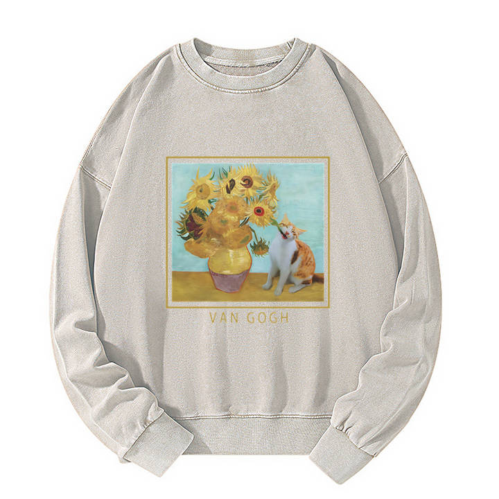 Naughty Cat Biting Sunflower Washed Sweatshirt