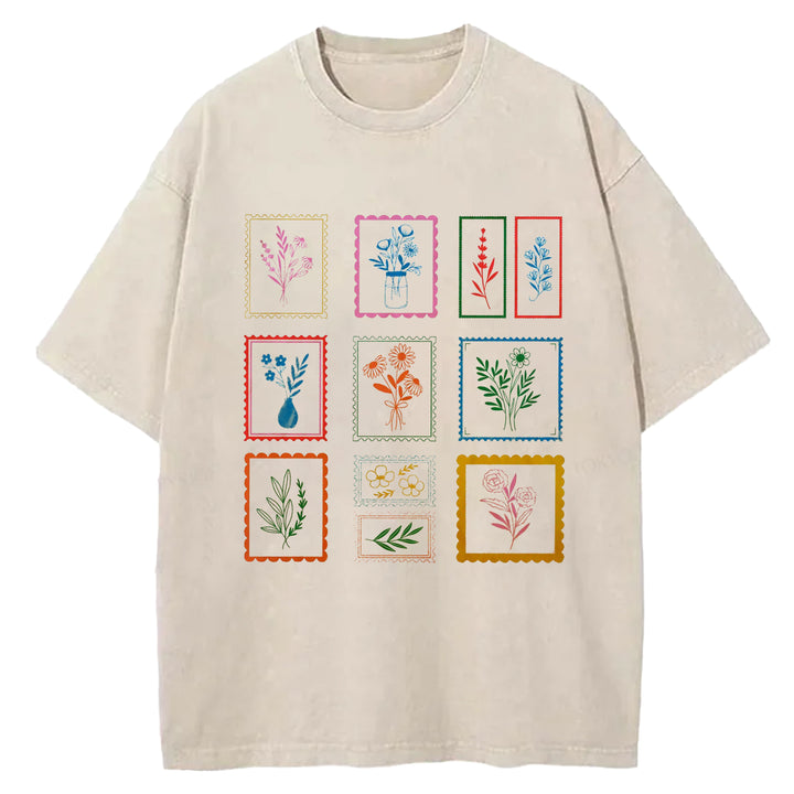 Vintage Flower Design Washed Crew Neck T-shirt