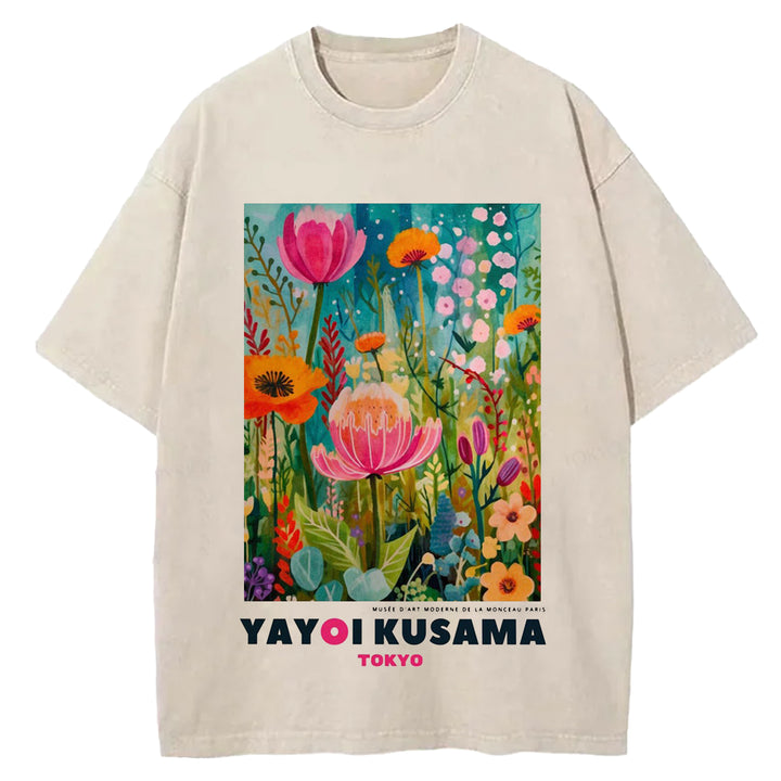 Yayoi Kusama Flower Vintage Japanese Design Washed Crew Neck T-Shirt