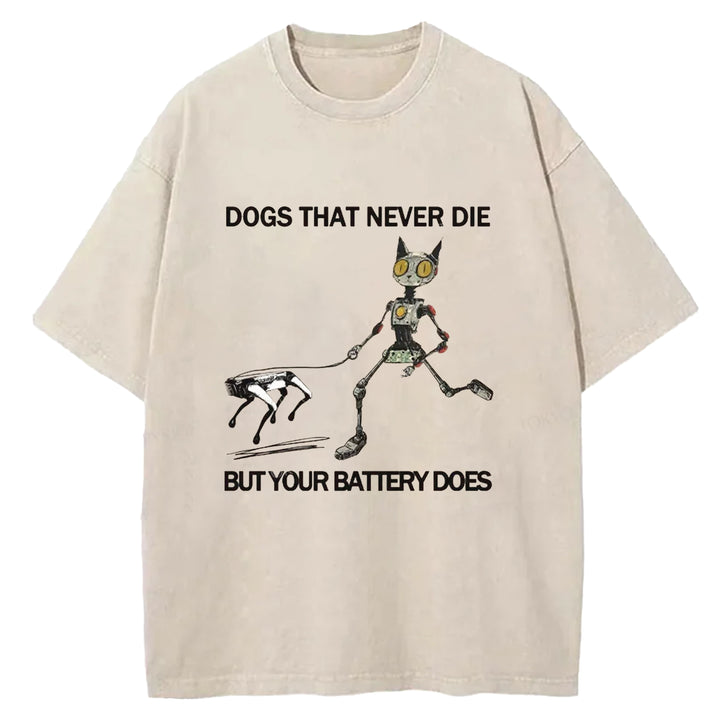Funny Robot Cat Walking Robot Dog Washed Crew Neck T-Shirt