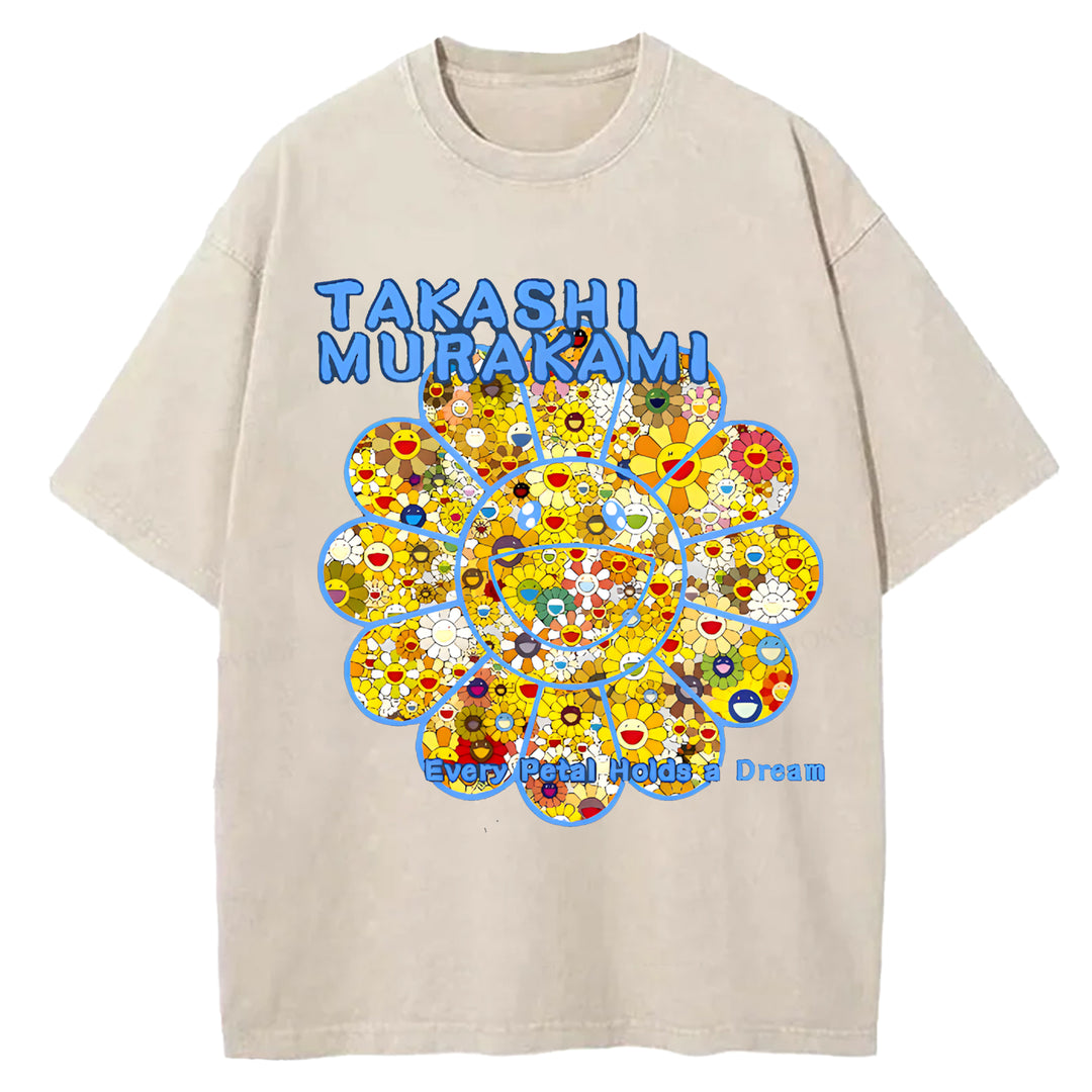 Takashi Murakami Flowers Vintage Design Washed Crew Neck T-Shirt