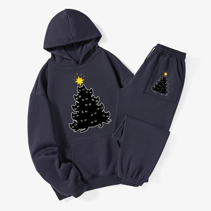 Black Cat Christmas Tree Fleece Lined Hoodie Set