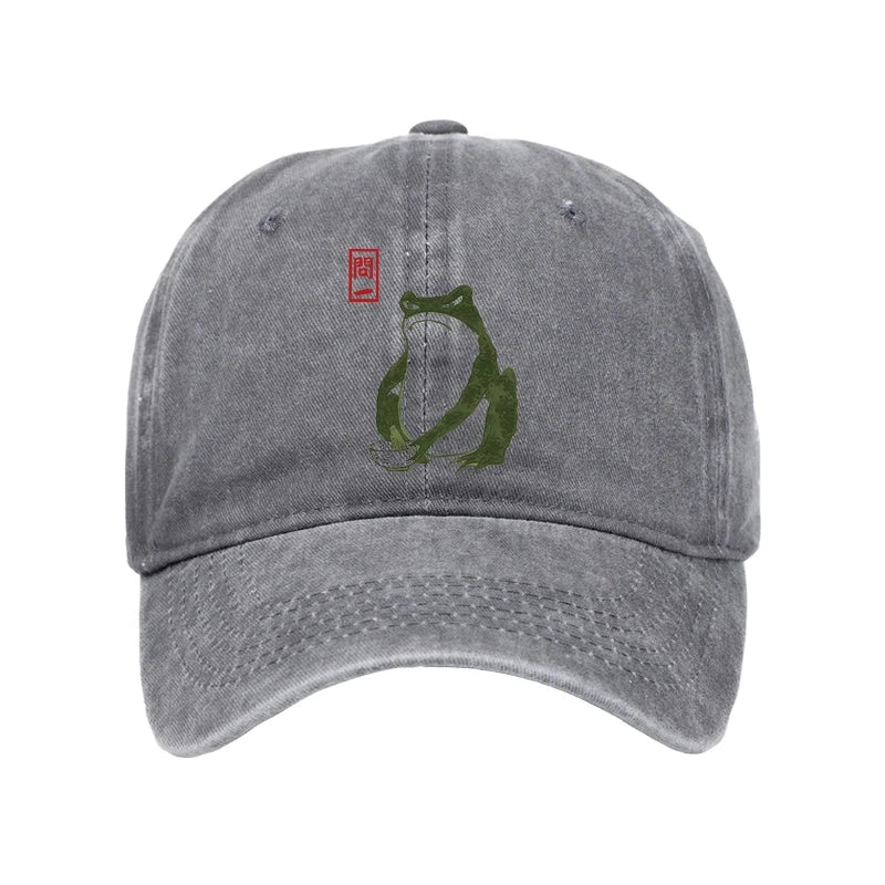 Woodblock Print Frog Washed Cap
