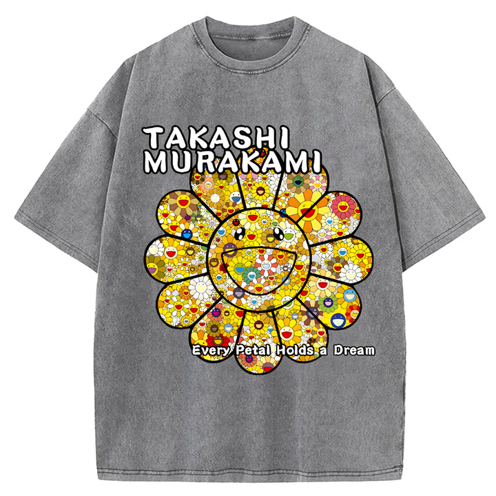 Takashi Murakami Flowers Vintage Design Washed Crew Neck T-Shirt