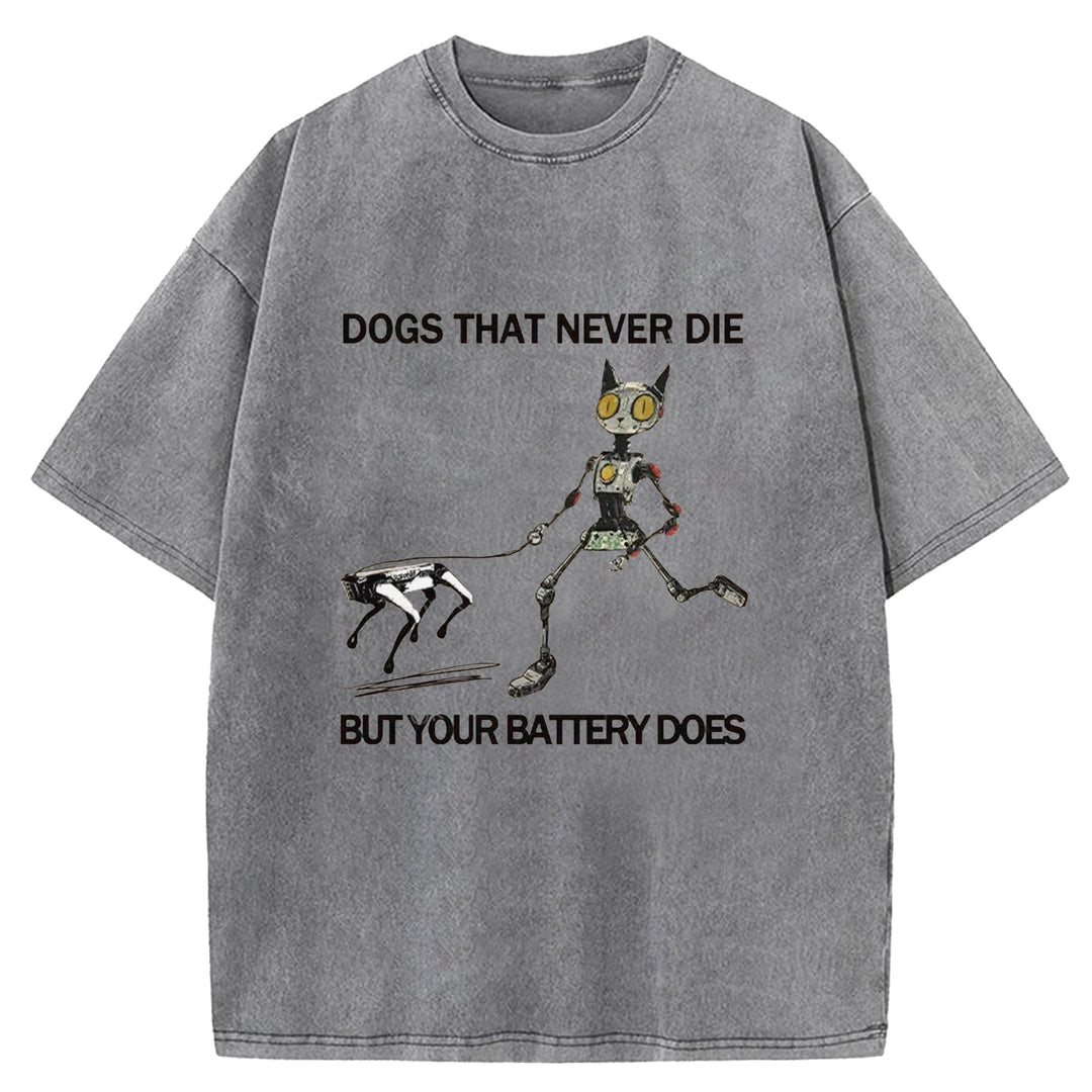 Funny Robot Cat Walking Robot Dog Washed Crew Neck T-Shirt