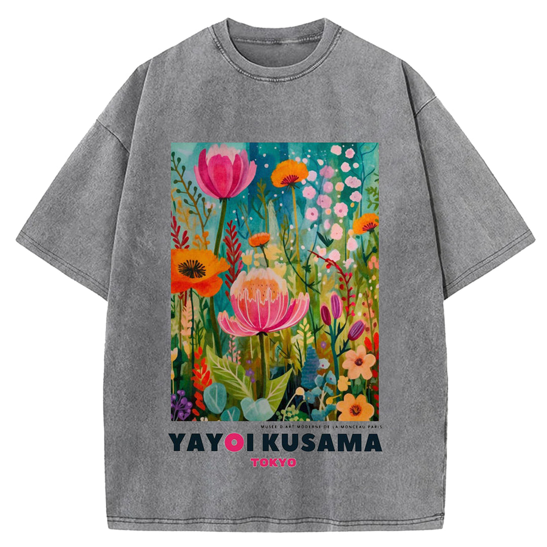 Yayoi Kusama Flower Vintage Japanese Design Washed Crew Neck T-Shirt