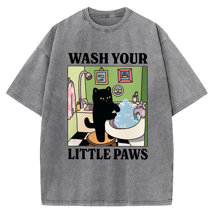 Wash Your Little Paws Vintage Design Washed Crew Neck T-Shirt