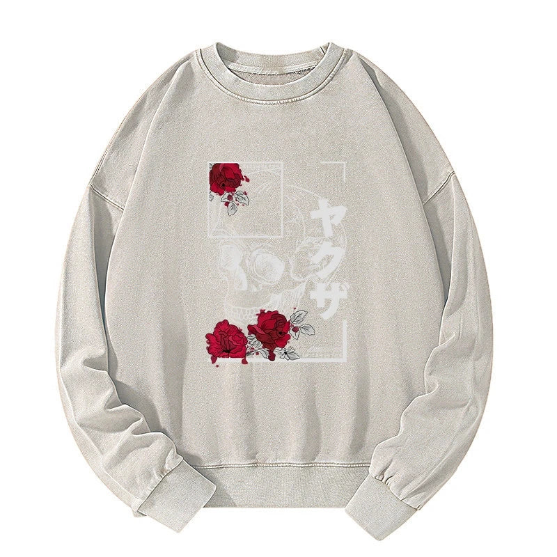 Skull Roses Japanese Aesthetic Washed Sweatshirt