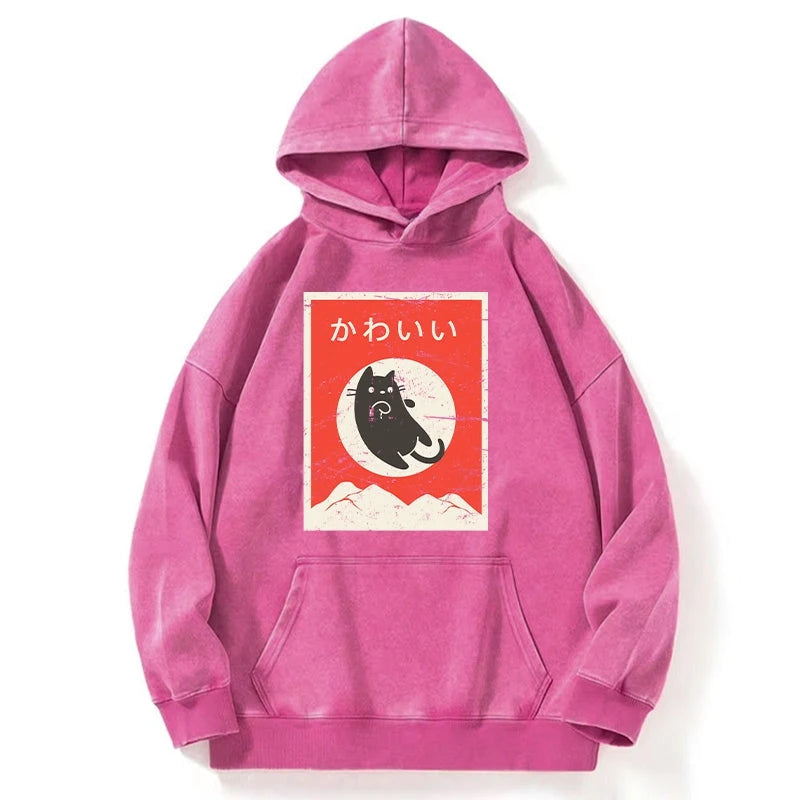 Cute Black Cat Japanese Washed Hoodie
