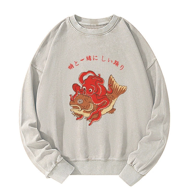 Octopus And Koi Dance Together Washed Sweatshirt