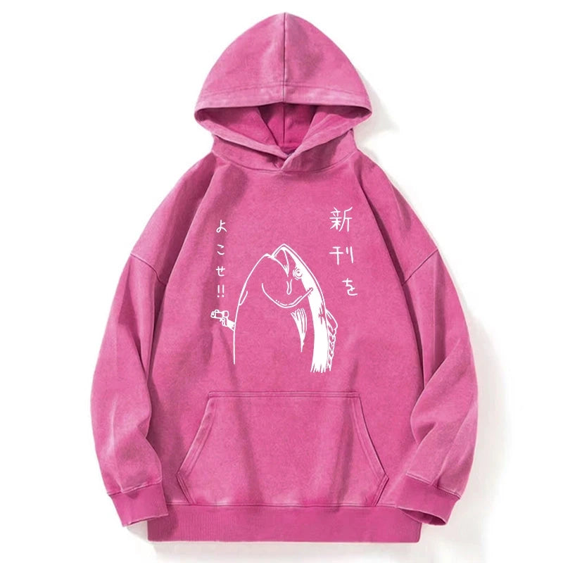 Japanese Fish Hold Up White Washed Hoodie
