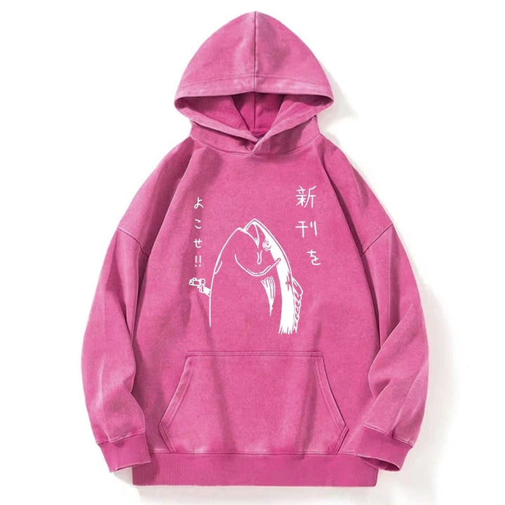 Japanese Fish Hold Up White Washed Hoodie