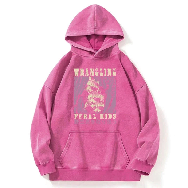 Wrangling Feral Raccoon Kids Washed Hoodie