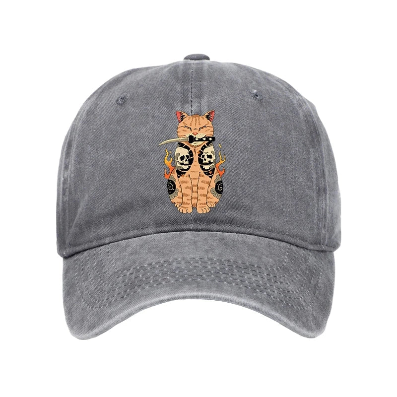 Catana Cat Skull Tattooed Samurai Washed Cap