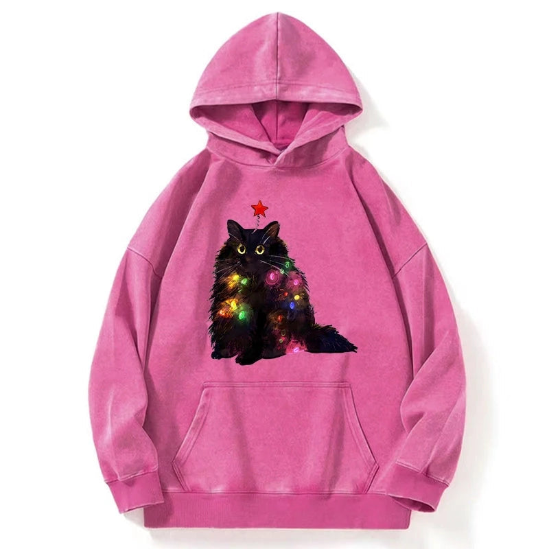 Christmas Lights Cat Washed Hoodie