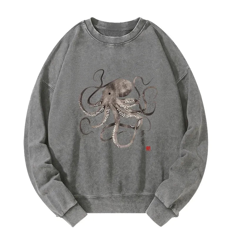 Octopus Japanese Calligraphy Washed Sweatshirt