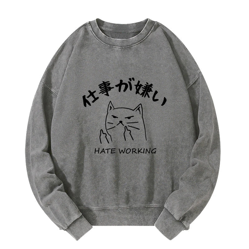 A Cat That Hates Work Washed Sweatshirt