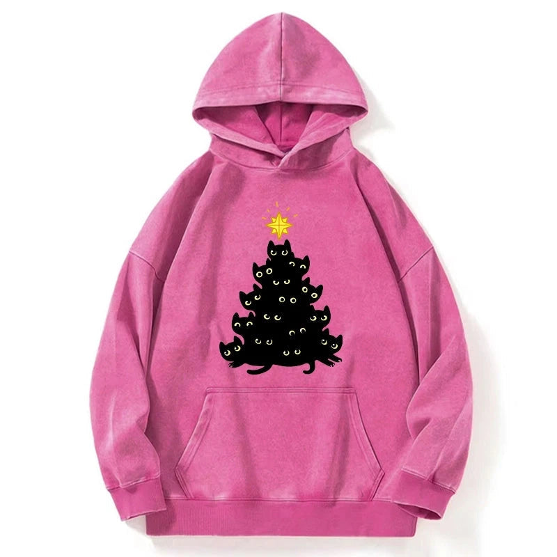 Black Cat Christmas Tree Washed Hoodie