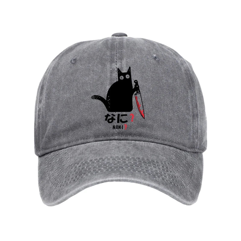 A Puzzled Cat Holding A Knife Washed Cap