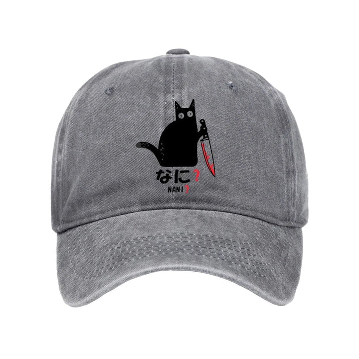 A Puzzled Cat Holding A Knife Washed Cap