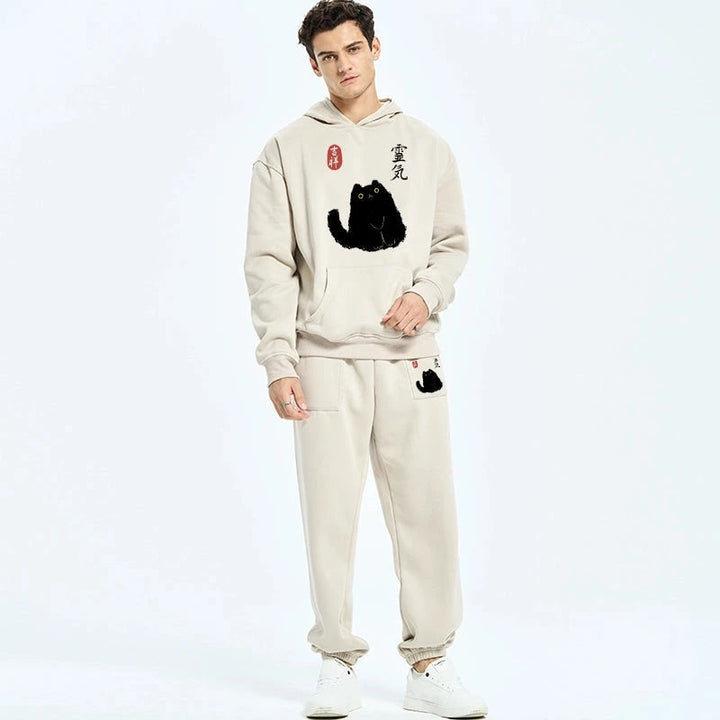 Black Civet Cat Fleece Lined Hoodie Set