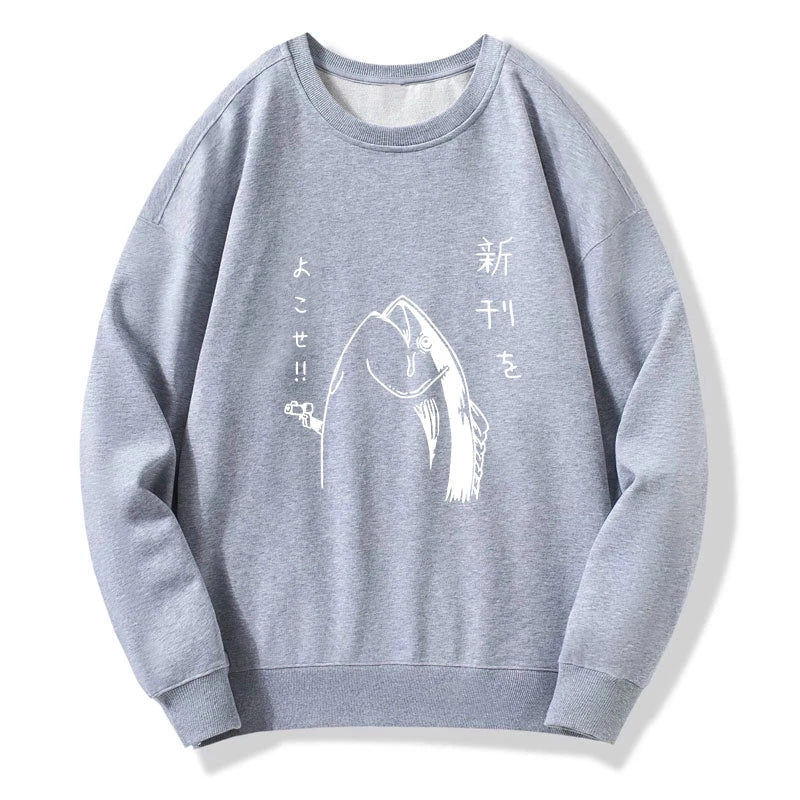 Japanese Fish Hold Up White Sweatshirt
