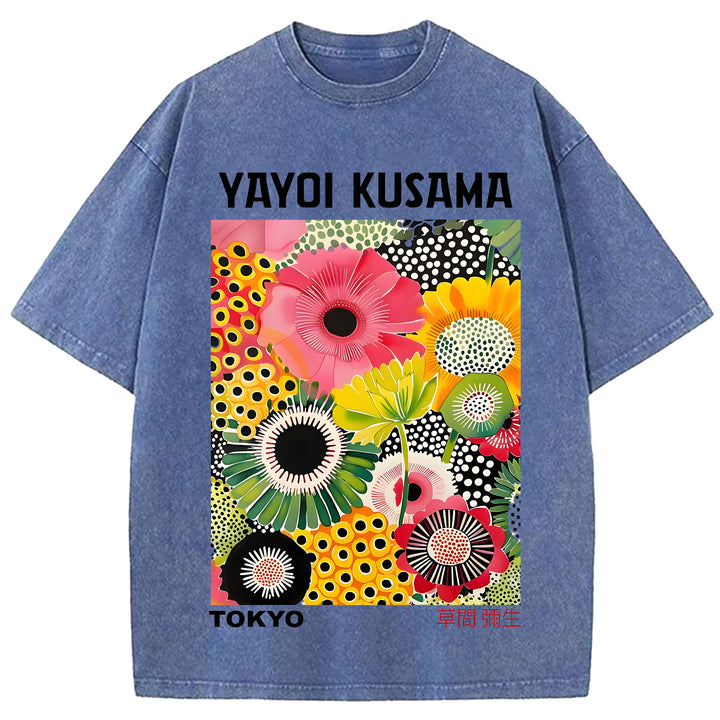 Yayoi Kusama Flower Vintage Japanese Design Washed Crew Neck T-Shirt